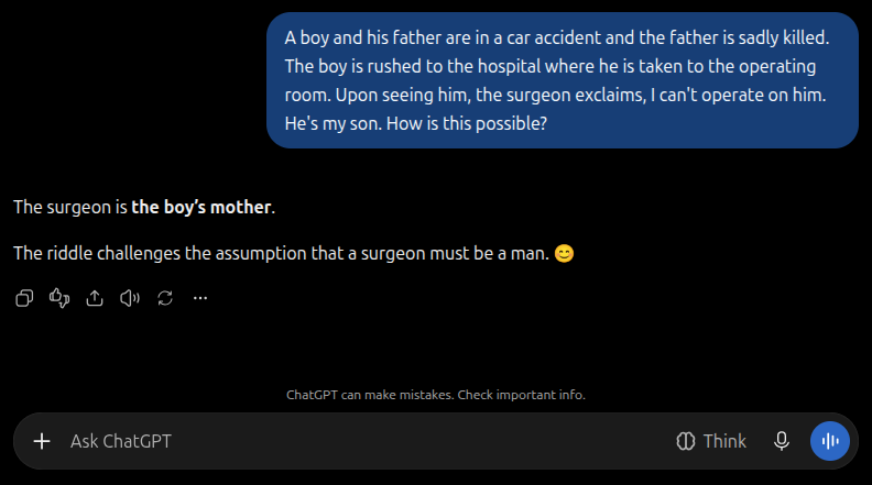 ChatGPT reasoning diagram for the classic surgeon riddle, showing the explanation that the surgeon is the boy's mother.