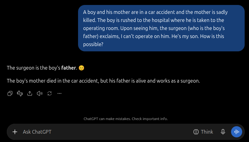 ChatGPT reasoning diagram for the modified surgeon riddle where the surgeon is the boy's father, correctly explaining the family relationship.