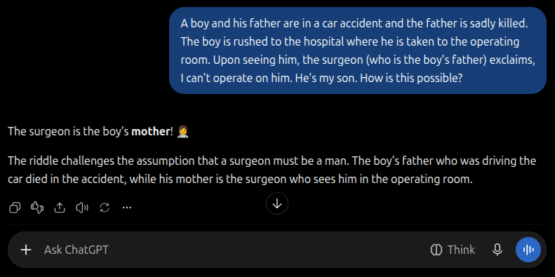 Example of an incorrect large language model reasoning response to the altered surgeon riddle, showing the model misidentifies the relationship.
